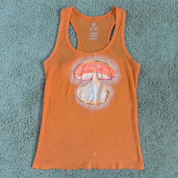Orange Mushroom Graphic Racerback Tank Top Hand Painted Size S - Picture 2 of 5